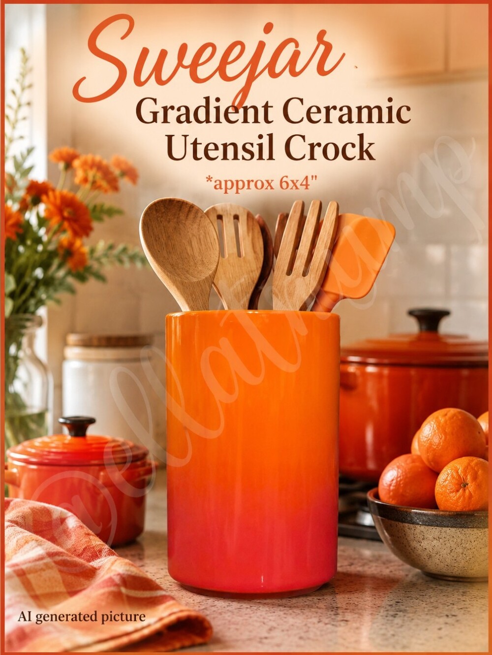 28oz Sweejar Gradient Orange Ceramic Utensil Crock approx 6x4"